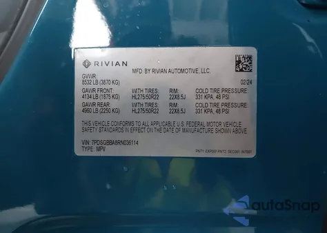 2024 Rivian R1S Adventure Dual Motor Large Pack/Adventure Dual Motor Perf Large Pack из США, поврежденный, VIN 7PDSGBBA8RN036114
